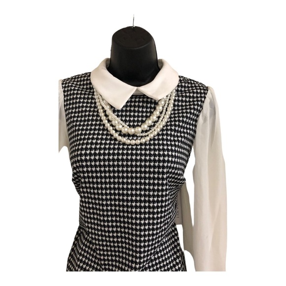 Black white houndstooth sheer long sleeve Pearl necklace Peter Pan collar sheath - Picture 4 of 15
